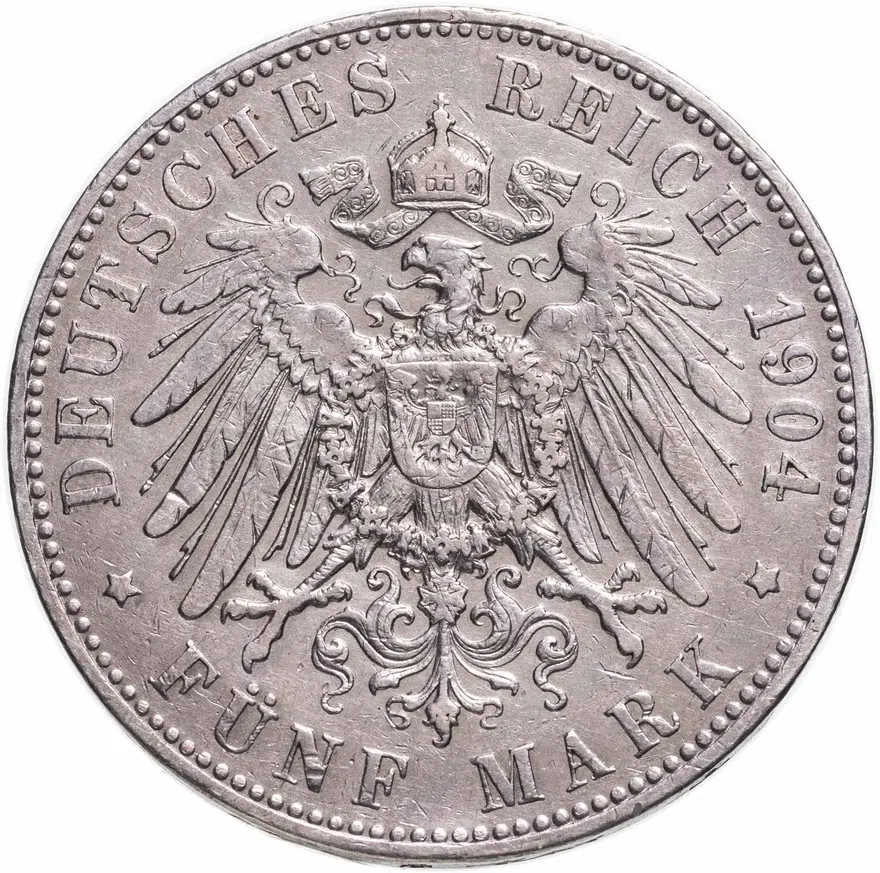 Германская Империя (Пруссия) 5 марок (mark) 1904 "А", реверс