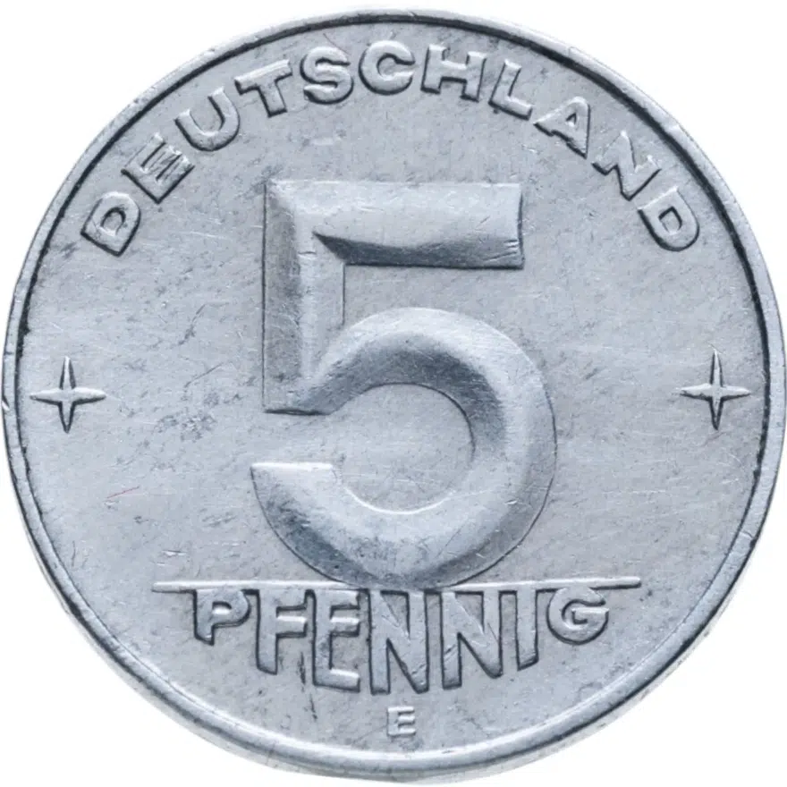 Германия 5 пфеннигов (pfennig) 1952 E  ГДР, знак монетного двора: "E" - Мульденхюттен, реверс