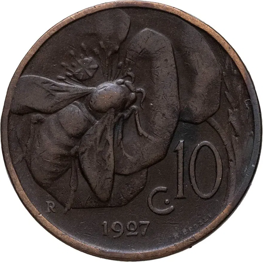 Италия 10 чентезимо (centesimi) 1927, реверс