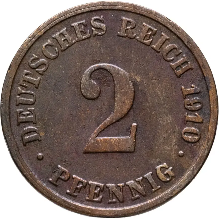 Германия 2 пфеннига (pfennig) 1910 D  знак монетного двора: "D" - Мюнхен, аверс