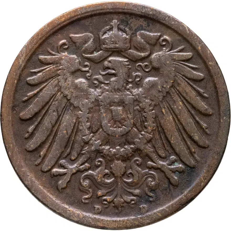 Германия 2 пфеннига (pfennig) 1910 D  знак монетного двора: "D" - Мюнхен, реверс