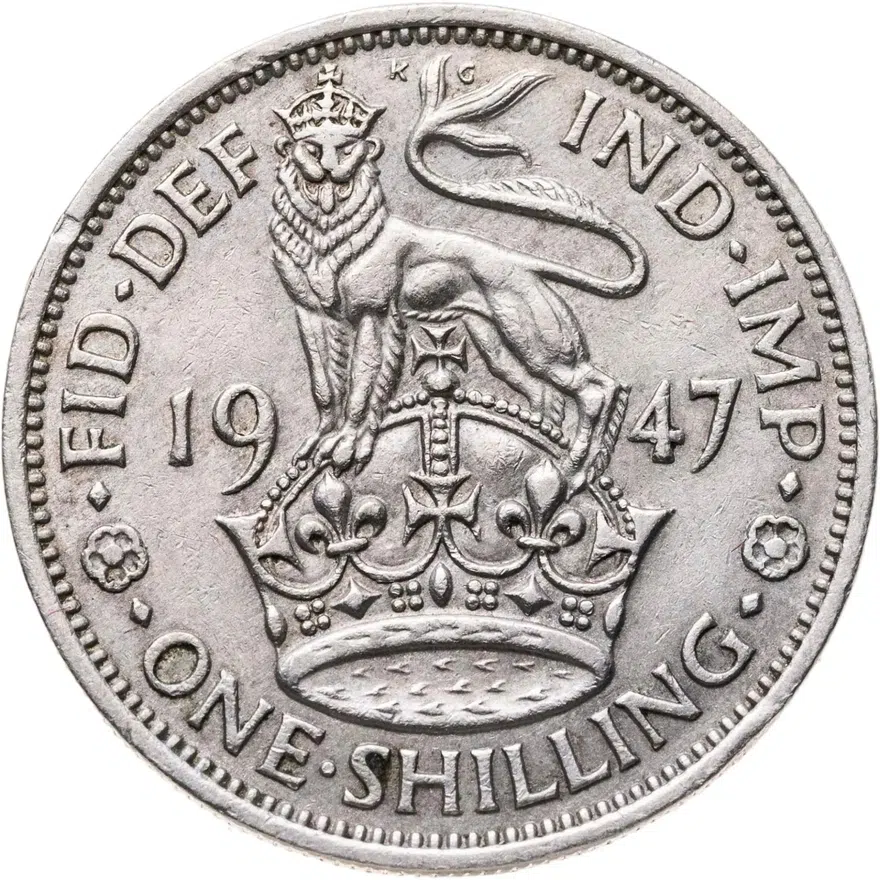 Великобритания 1 шиллинг (shilling) 1947  Английский шиллинг - лев, стоящий на короне, реверс