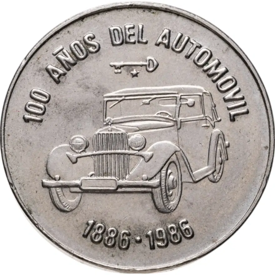 Куба 1 песо (peso) 1986  100 лет автомобилям, аверс