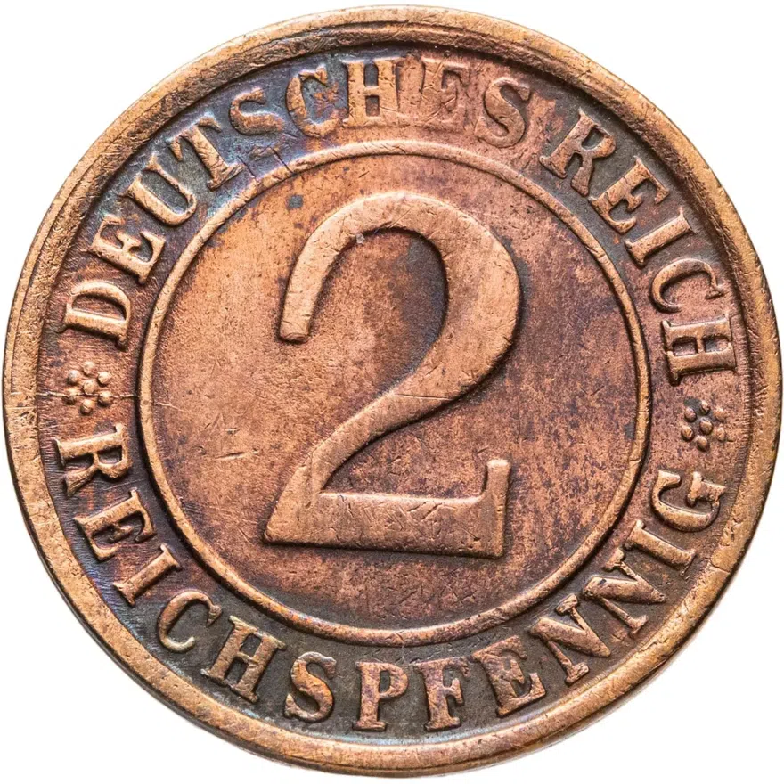 Германия 2 рейхспфеннига (reichspfennig) 1925 G  знак монетного двора "G" — Карлсруэ