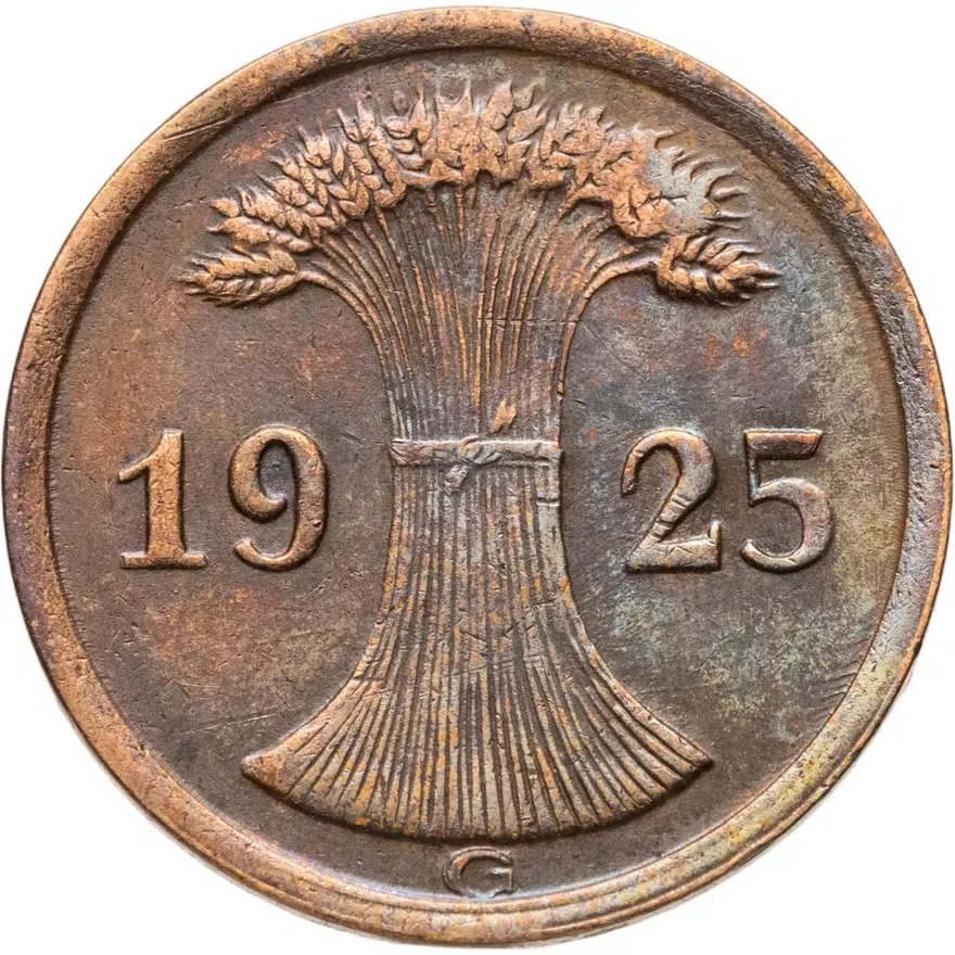 Германия 2 рейхспфеннига (reichspfennig) 1925 G  знак монетного двора "G" — Карлсруэ, реверс