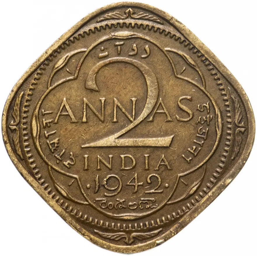 Индия (Британская) 2 анны (annas) 1942 Надпись "INDIA", аверс