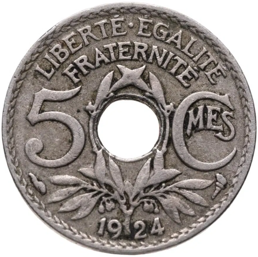 Франция 5 сантимов (centimes) 1924 Рог изобилия Новый тип: Отверстие в центре знак монетного двора: "Рог изобилия": - Париж, аверс