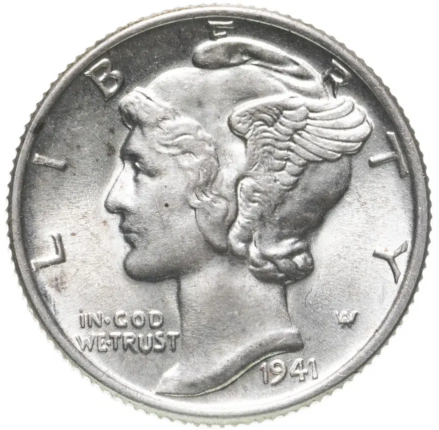 США 10 центов (дайм, one dime) 1941  Mercury Dime (дайм «Меркурий») без обозначения монетного двора, аверс