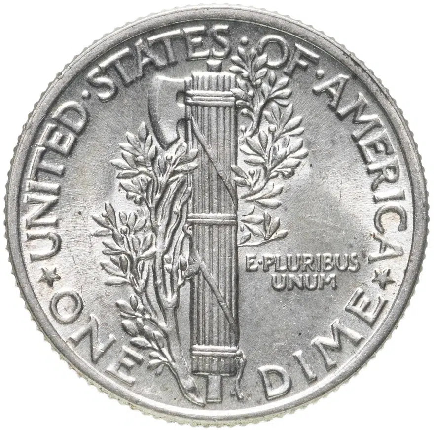 США 10 центов (дайм, one dime) 1941  Mercury Dime (дайм «Меркурий») без обозначения монетного двора, реверс