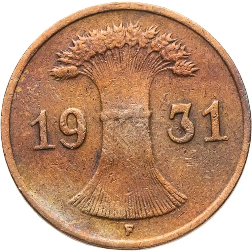 Германия 1 рейхспфенниг (reichspfennig) 1931 F  знак монетного двора "F" — Штутгарт, реверс