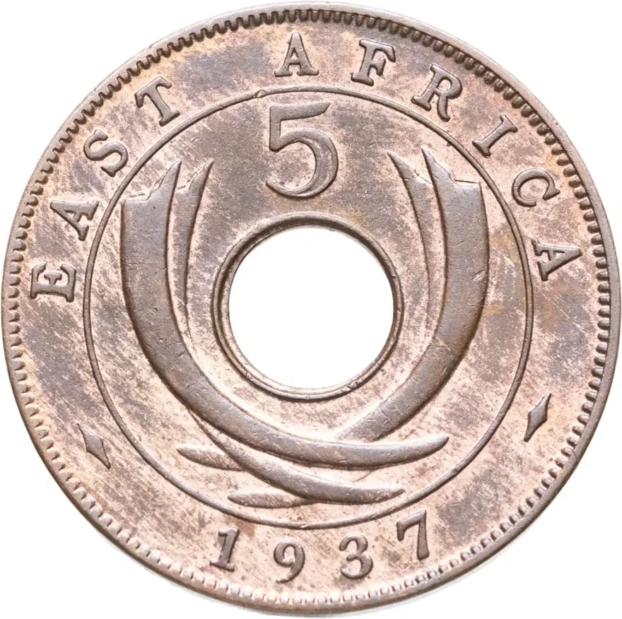 Британская Восточная Африка 5 центов (cents) 1937 KN  знак монетного двора: "KN" - Кингз Нортон Металл, Бирмингем