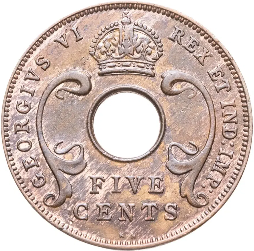 Британская Восточная Африка 5 центов (cents) 1937 KN  знак монетного двора: "KN" - Кингз Нортон Металл, Бирмингем, реверс