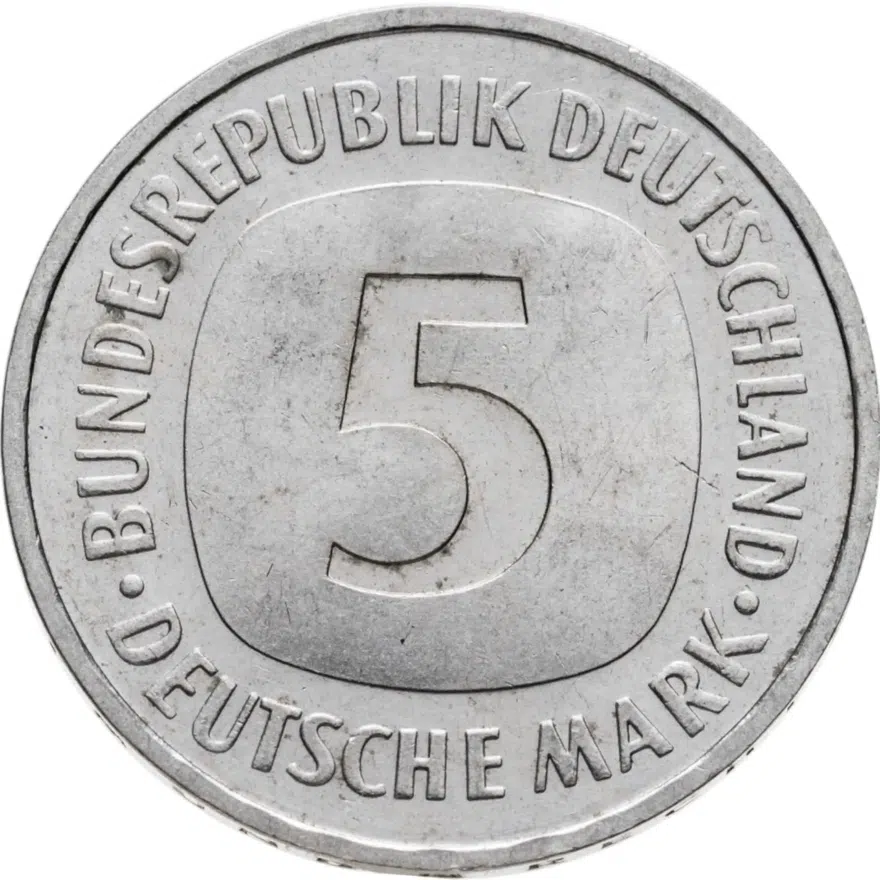 Германия 5 марок 1990 отметка монетного двора "F" - Штутгарт, аверс