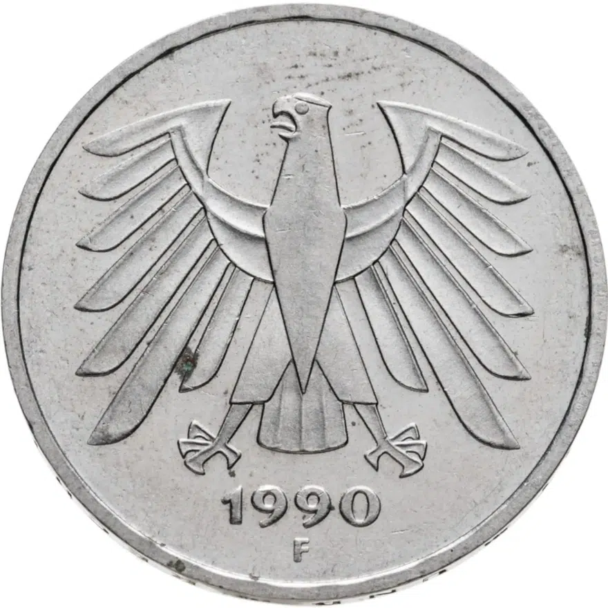 Германия 5 марок 1990 отметка монетного двора "F" - Штутгарт, реверс