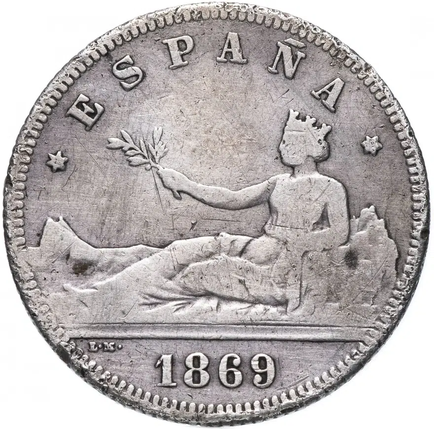 Испания 2 песеты 1869 SN-M, период междуцарствия, аверс