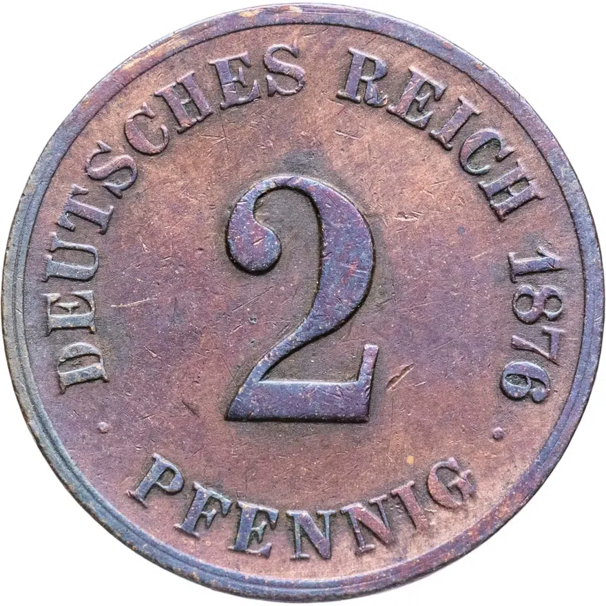 Германия 2 пфеннига (pfennig) 1876 G  знак монетного двора: "G" - Карлсруэ
