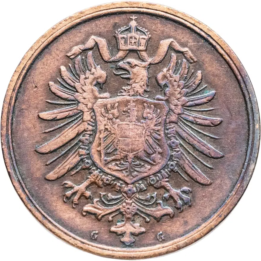 Германия 2 пфеннига (pfennig) 1876 G  знак монетного двора: "G" - Карлсруэ, реверс
