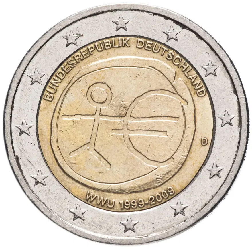 Германия 2 евро (euro) 2009 D "10 лет Экономическому и валютному союзу", аверс