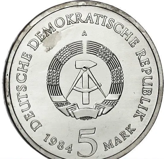 Германия (ГДР) 5 марок (mark) 1984  Старая Ратуша в Лейпциге, аверс