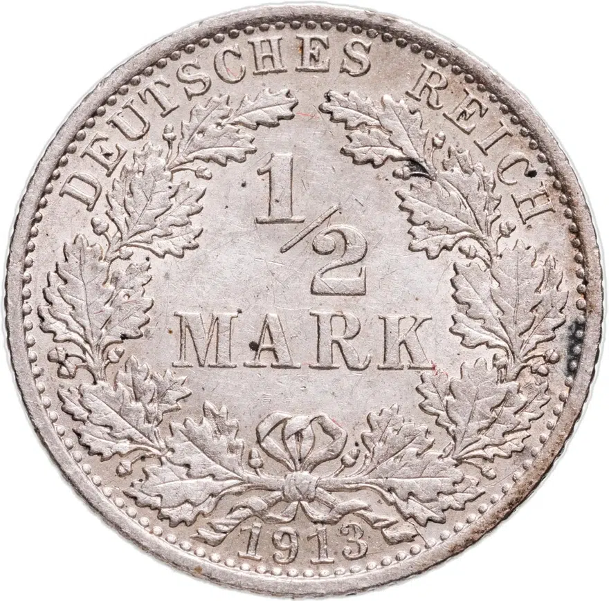 Германия 1/2 марки (mark) 1913 A  знак монетного двора: "A" - Берлин