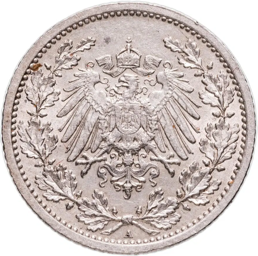 Германия 1/2 марки (mark) 1913 A  знак монетного двора: "A" - Берлин, реверс