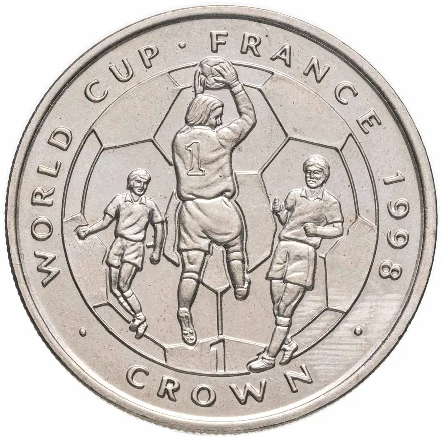 Остров Мэн 1 крона (crown) 1998  Чемпионат мира по футболу 1998, Франция /вратарь ловит мяч/, аверс