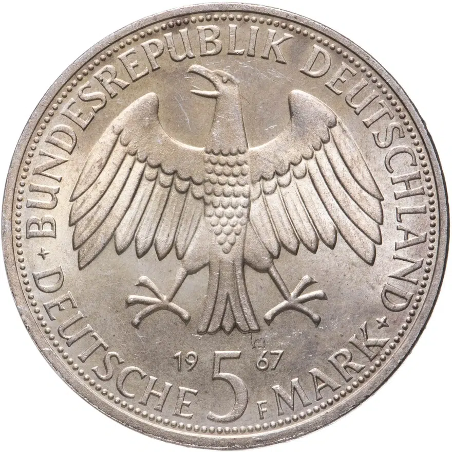 Германия 5 марок (deutsche mark) 1967  200 лет со дня рождения Вильгельма и Александра фон Гумбольдтов, реверс