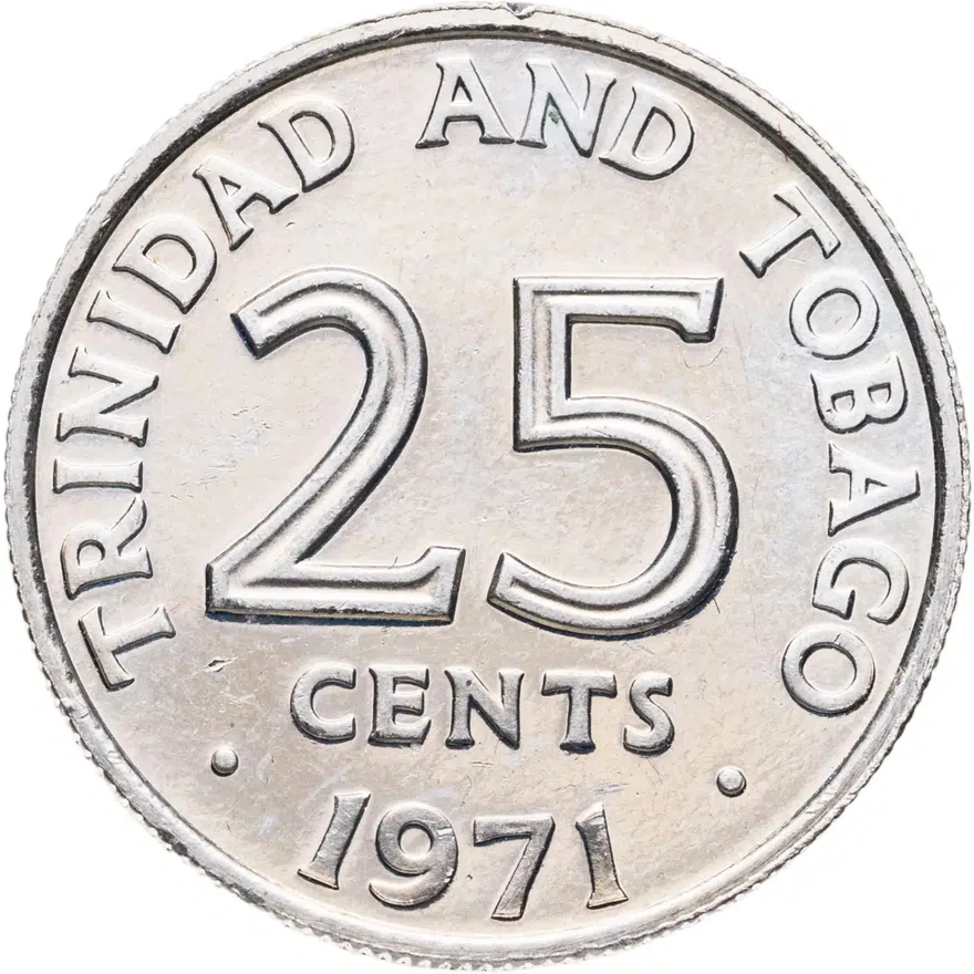 Тринидад и Тобаго 25 центов (cents) 1971 FM  знак монетного двора "FM" — The Franklin Mint, США, аверс