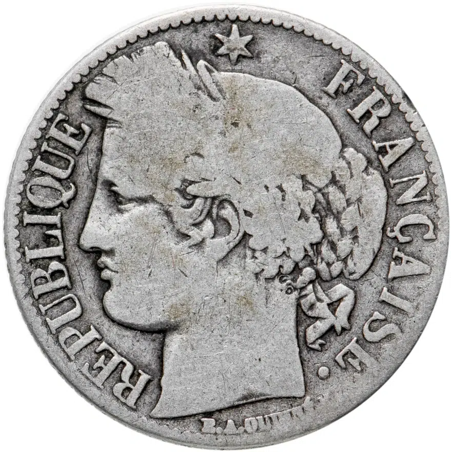 Франция 1 франк (franc) 1872 K  знак монетного двора: "K" - Бордо, аверс