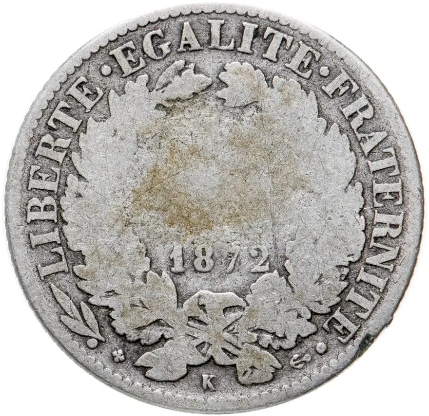 Франция 1 франк (franc) 1872 K  знак монетного двора: "K" - Бордо, реверс