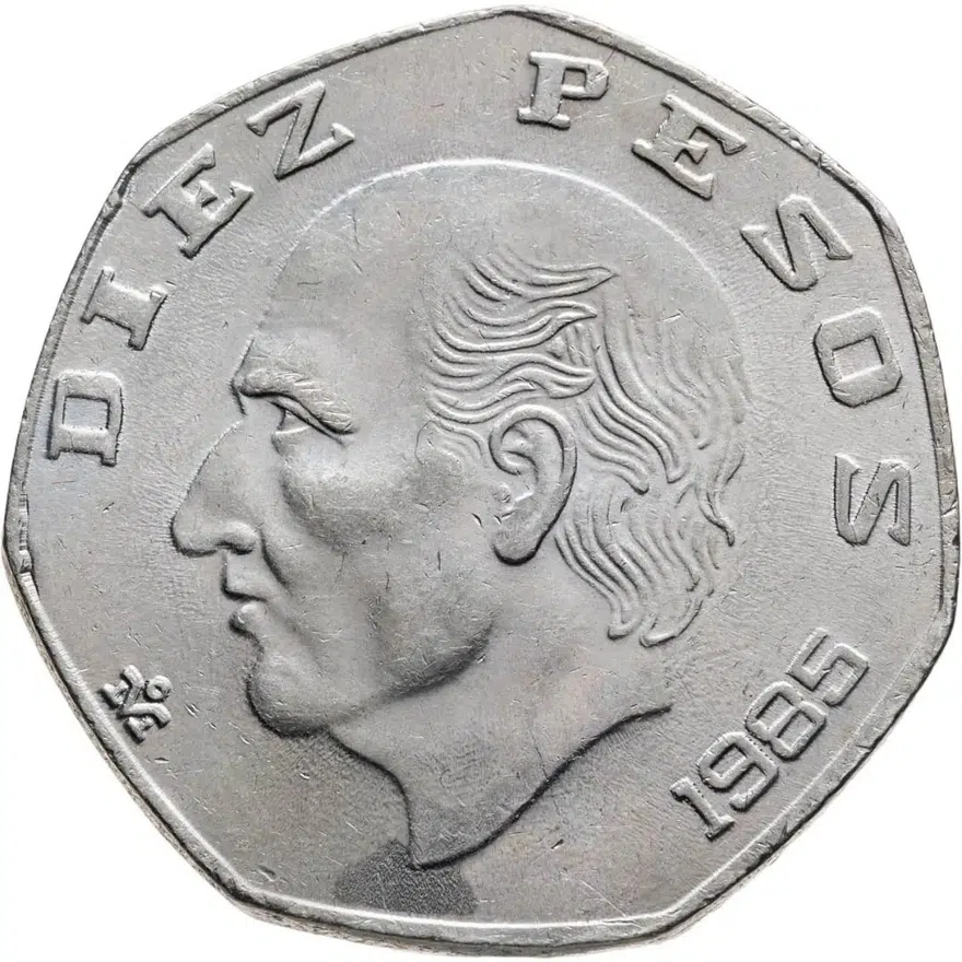Мексика 10 песо (pesos) 1985  Семиугольник, Медно-никель /не магнетик/
