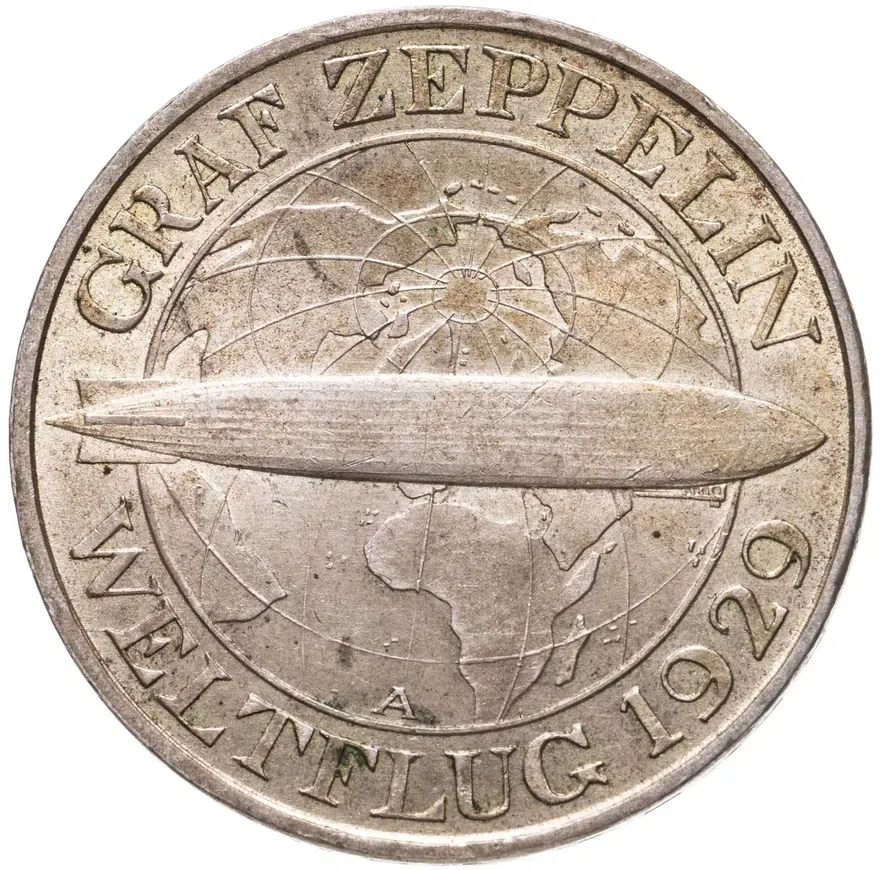 Германия 3 рейхсмарки (reichsmark) 1930 A Полёт дирижабля "Граф Цеппелин" знак монетного двора "A" — Берлин