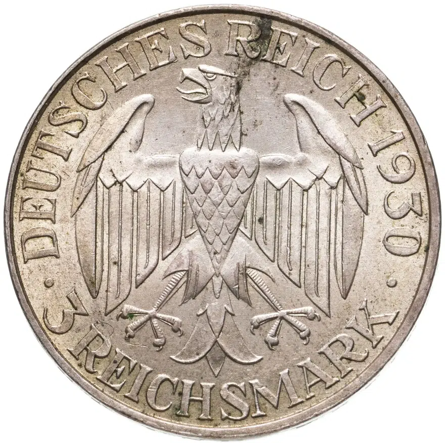 Германия 3 рейхсмарки (reichsmark) 1930 A Полёт дирижабля "Граф Цеппелин" знак монетного двора "A" — Берлин, реверс