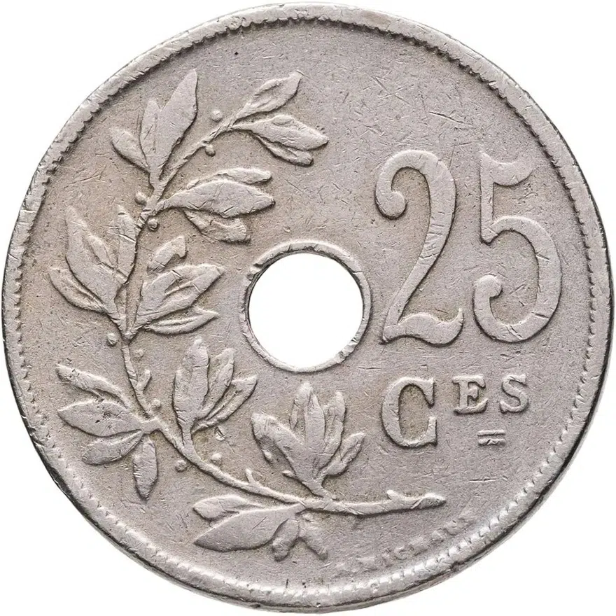 Бельгия 25 сантимов (centimes) 1909  Надпись на французском - 'BELGIQUE'