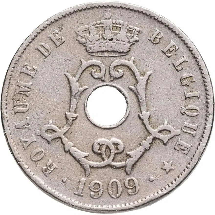 Бельгия 25 сантимов (centimes) 1909  Надпись на французском - 'BELGIQUE', реверс