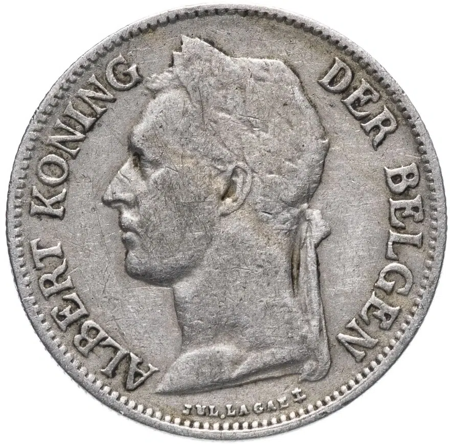 Бельгийское Конго 50 сантимов (centimes) 1926   Надпись на голландском - 'ALBERT KONING DER BELGEN', реверс