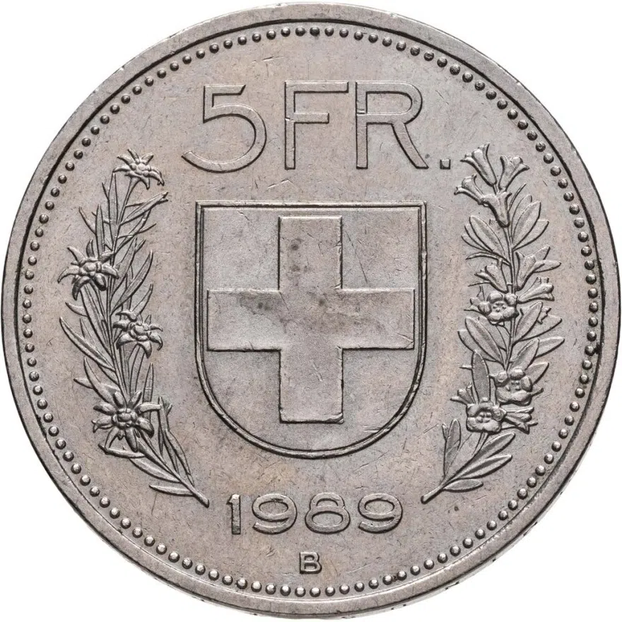 Швейцария 5 франков (francs) 1989, реверс