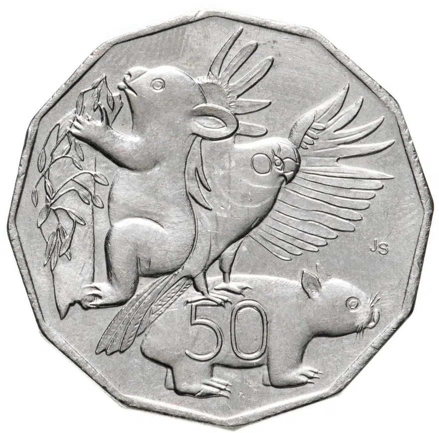 Австралия 50 центов (cents) 2004  Австралийская фауна - Лорикет, коала и вомбат, реверс
