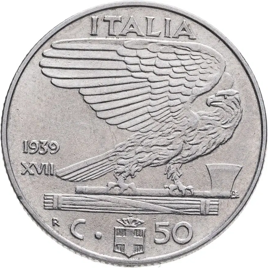 Италия 50 чентезимо (centesimi) 1939  Не магнетик, ребристый гурт 1939 - XVII