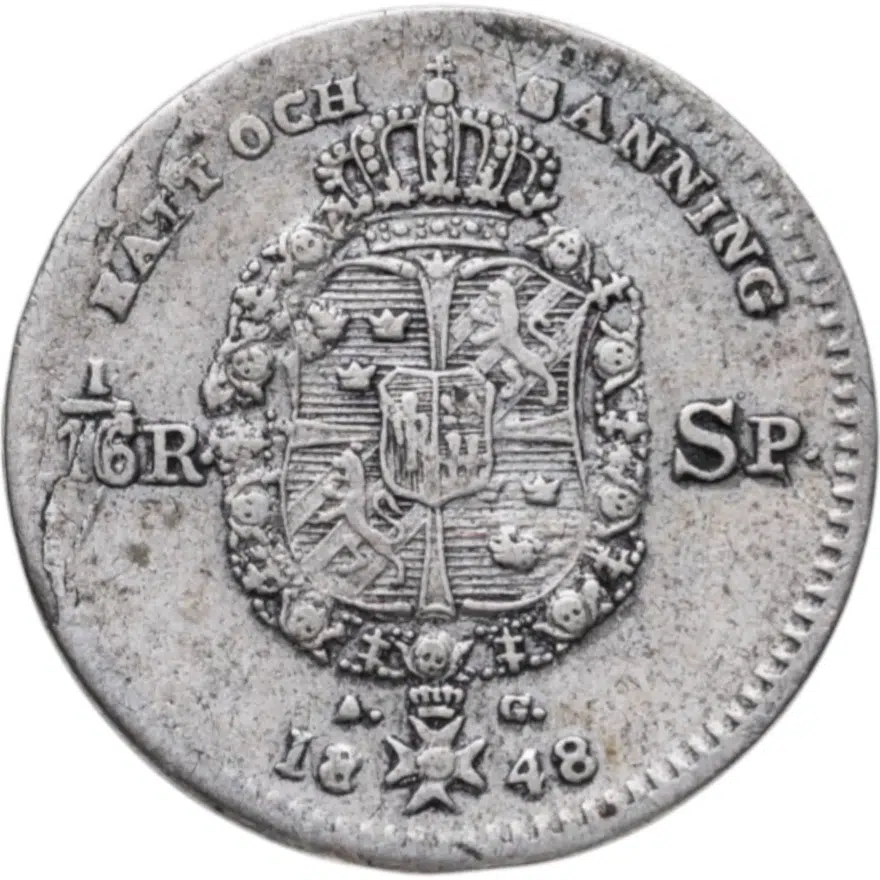 Швеция 1/16 специес-риксдалера (riksdaler species) 1848, аверс
