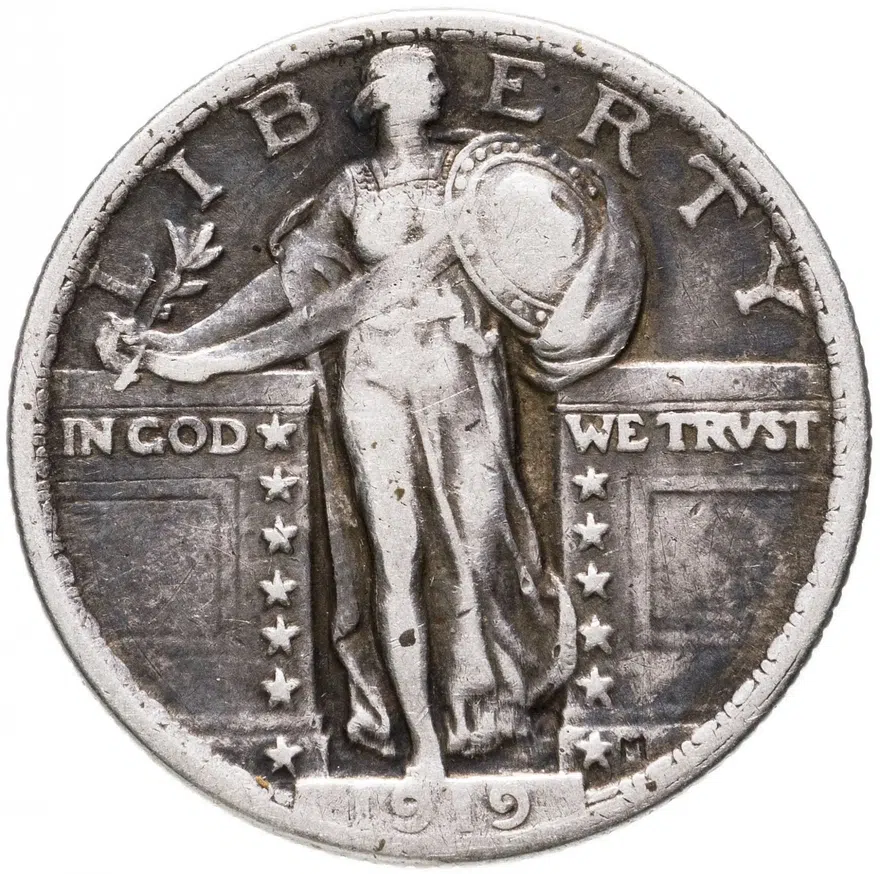 США 25 центов (квотер, 1/4 доллара, quarter dollar) 1919  Standing Liberty Quarter Без отметки монетного двора, аверс