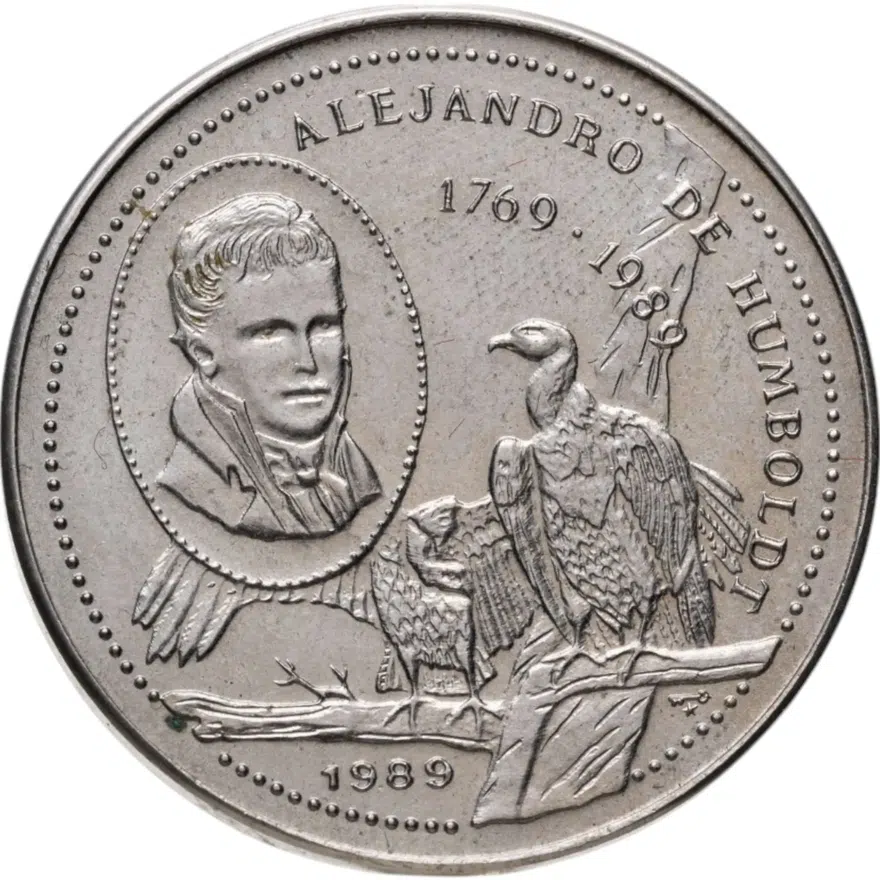 Куба 1 песо (peso) 1989  220 лет со дня рождения Александра фон Гумбольдта медно-никелевый сплав, аверс
