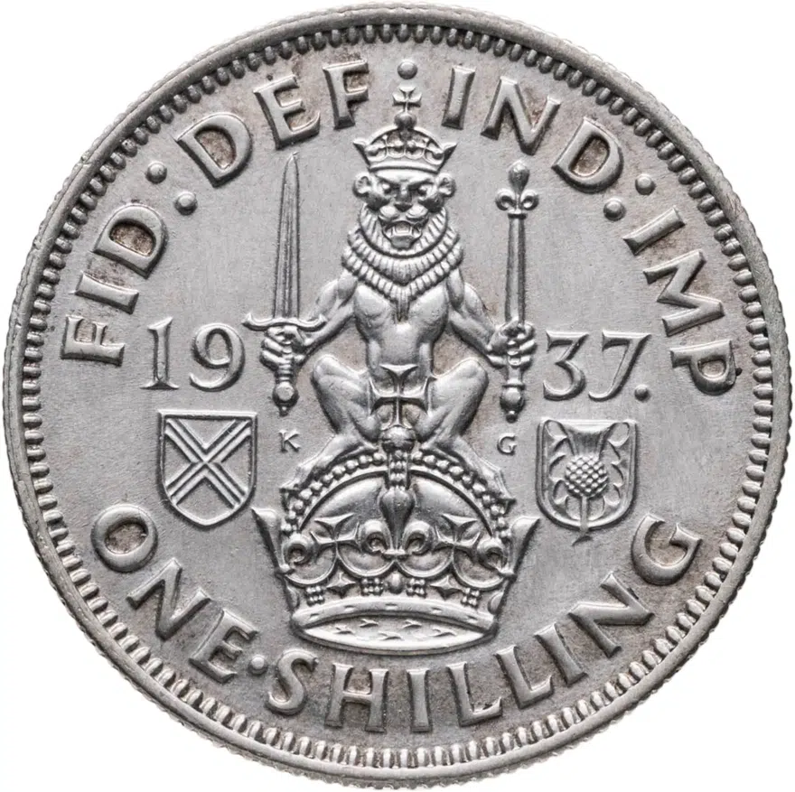 Великобритания 1 шиллинг (shilling) 1937  Шотландский шиллинг - лев, сидящий на короне, аверс