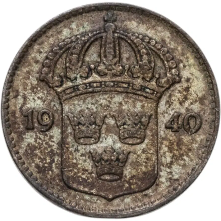 Швеция 10 эре (ore) 1940  Серебро, Три короны на аверсе, аверс