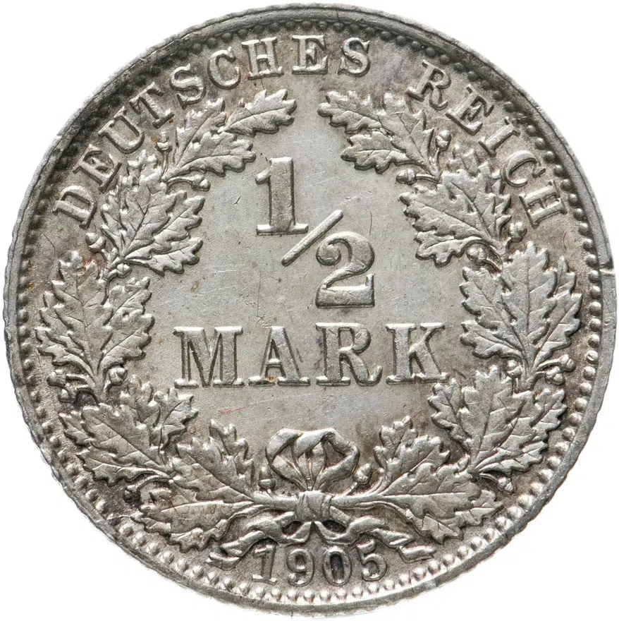 Германия 1/2 марки (mark) 1905 D  знак монетного двора: "D" - Мюнхен