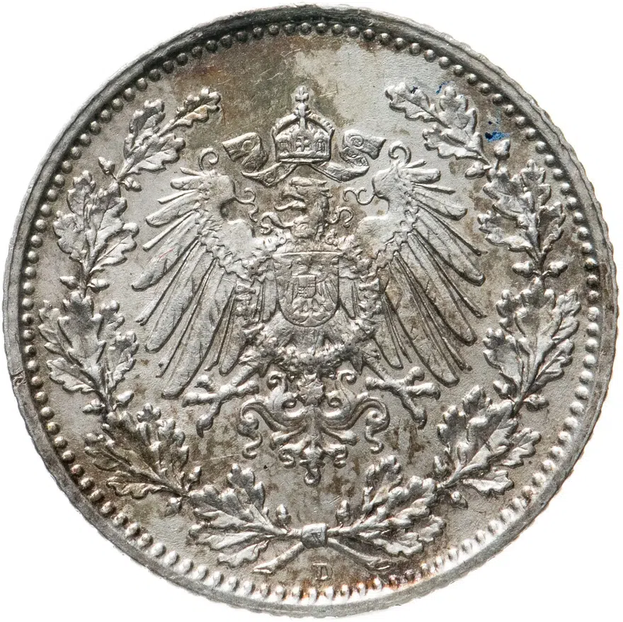 Германия 1/2 марки (mark) 1905 D  знак монетного двора: "D" - Мюнхен, реверс