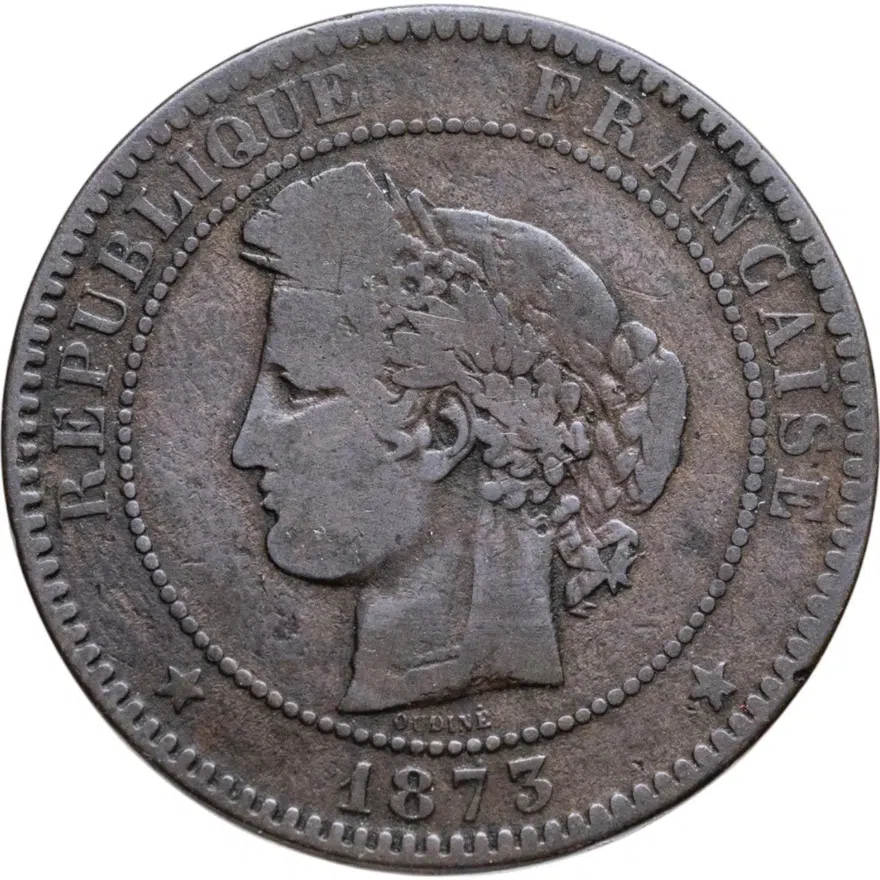 Франция 10 сантимов (centimes) 1873 K  знак монетного двора: "K" - Бордо, аверс