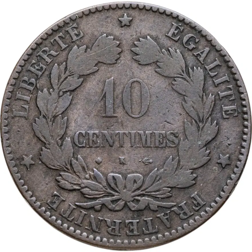 Франция 10 сантимов (centimes) 1873 K  знак монетного двора: "K" - Бордо, реверс