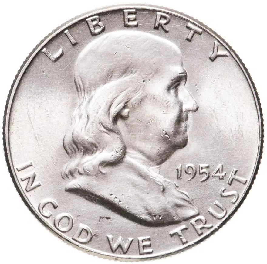 США 50 центов (1/2 доллара, half dollar) 1954  Franklin Half Dollar Без отметки монетного двора