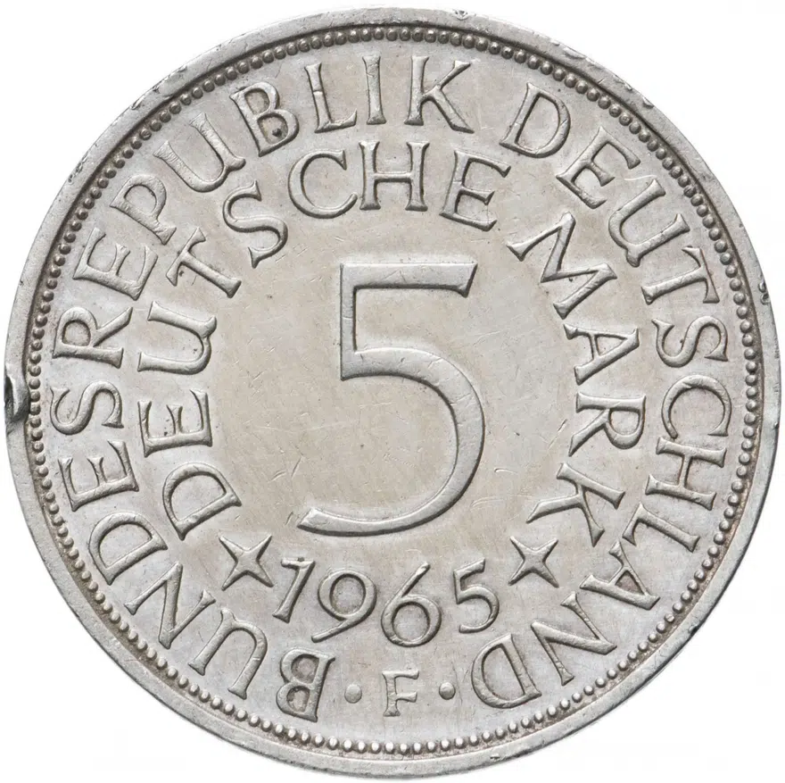 Германия 5 марок 1965 "F", реверс